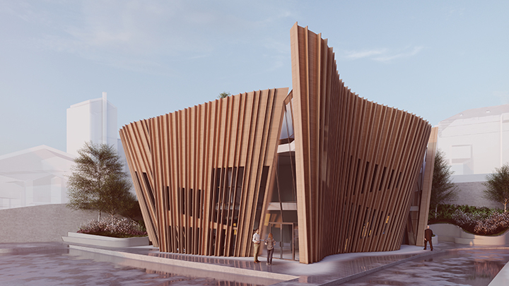 The ‘approachable and undulating timber form’ has been designed by Daniel Libeskind