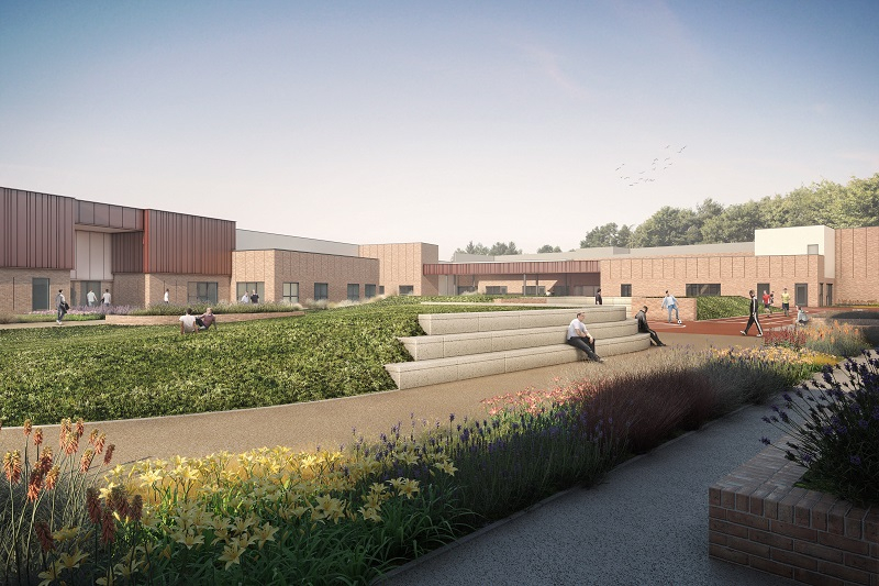 Landscaping and views onto the surrounding mature woodland are key to the design