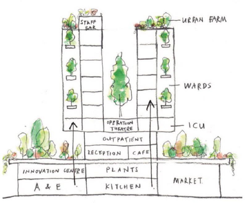 Features of The Living Hospital include an in-house marketplace and rooftop farm
