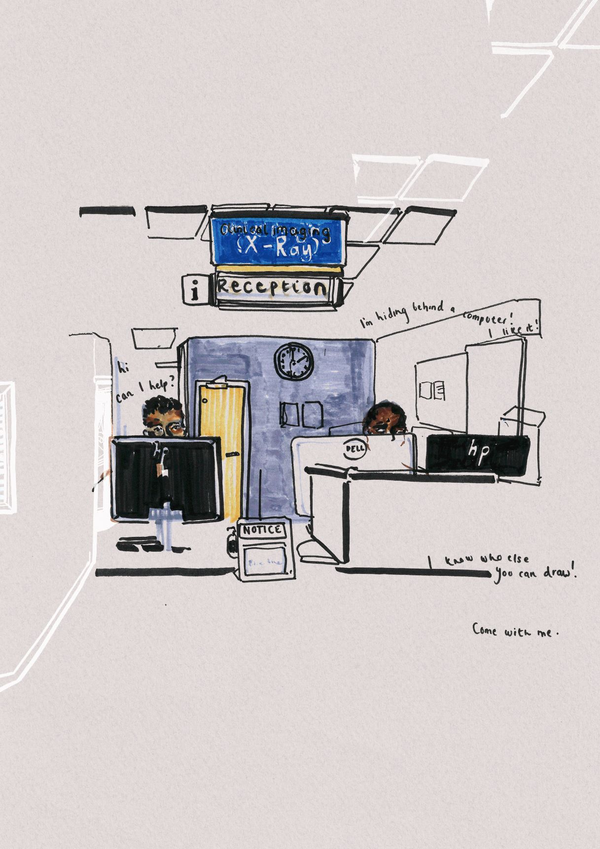 Emily Thomas' drawings include this one of staff in the clinical imaging department